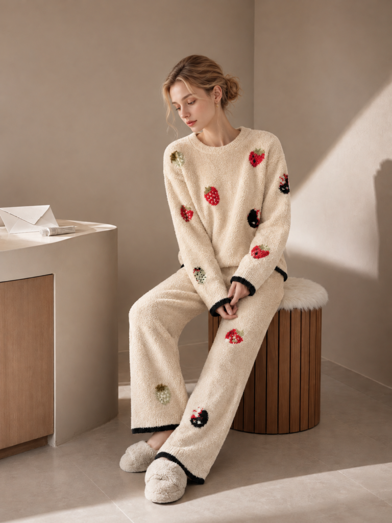 Woman wearing a cream beige half-velvet pajama set with short dense matte pile, strawberry pattern and black contrast trim