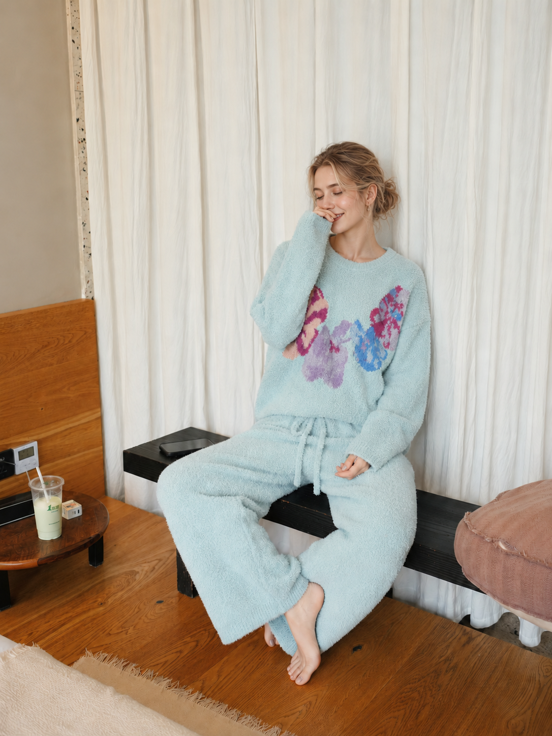 Cream Colorful Floral Print Crew Neck Half Fleece Pajama Set Women's Warm Winter Loungewear - Image 6