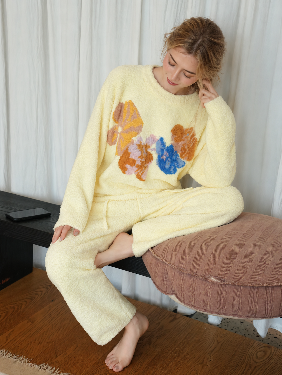 Cream Colorful Floral Print Crew Neck Half Fleece Pajama Set Women's Warm Winter Loungewear - Image 26