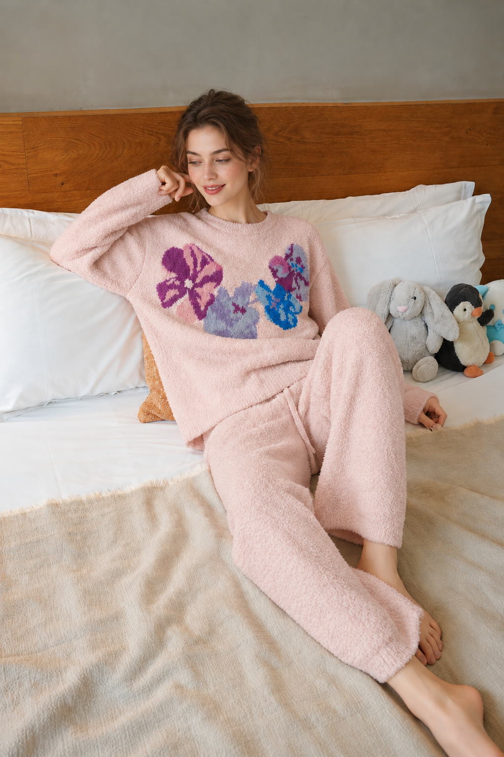 Cream Colorful Floral Print Crew Neck Half Fleece Pajama Set Women's Warm Winter Loungewear - Image 13