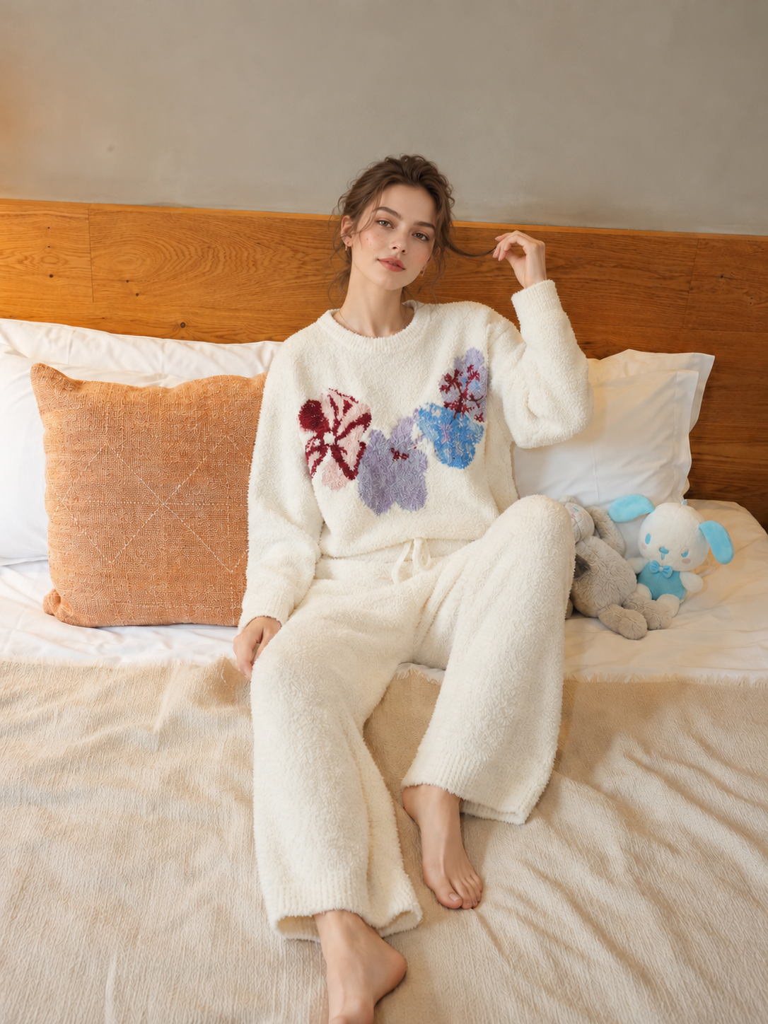 Cream Colorful Floral Print Crew Neck Half Fleece Pajama Set Women's Warm Winter Loungewear - Image 22