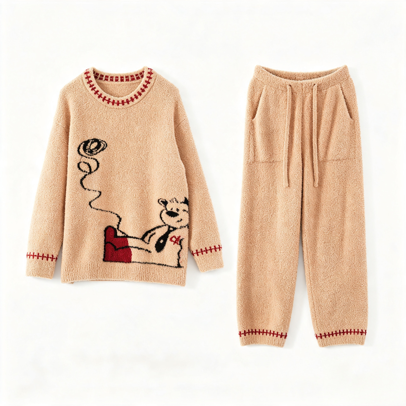 Women's Khaki Half Fleece Loungewear Set, Crew Neck Long Sleeve Top & Drawstring Pants with Side Pockets, Bear Pattern, Red Stitching Trim, Plush Knit Fabric