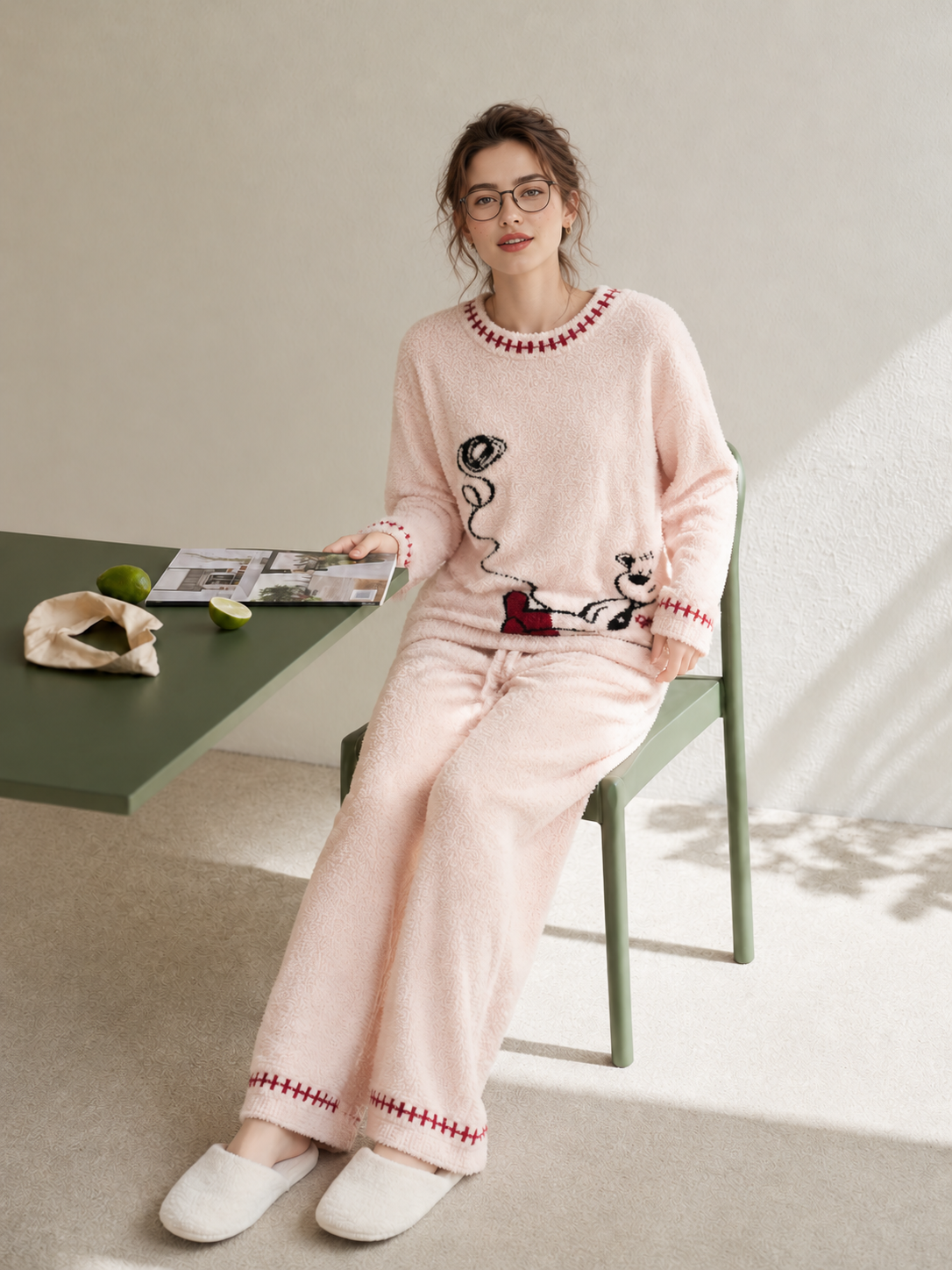 Women's Pale Pink Half Fleece Loungewear Set, Round Neck Long Sleeve Top & Drawstring Pants with Front Pockets, Cartoon Bear Jacquard, Red Stitched Neckline, Cuffs & Pant Hem