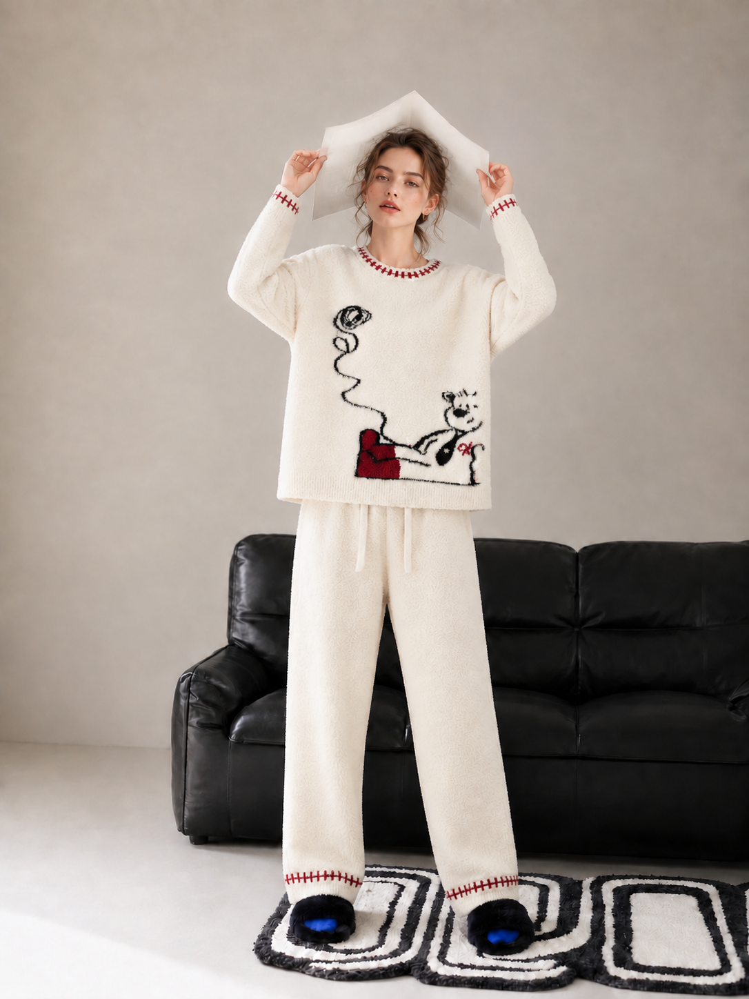 Women's Off-White Half Fleece Sleepwear Set, Crew Neck Long Sleeve Top & Drawstring Wide Leg Pants, Bear Jacquard Pattern, Red Contrast Stitching, Plush Knit Fabric