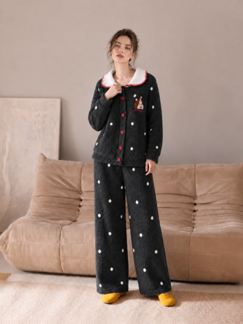 Women's Dark Gray Half Fleece Loungewear Set, Contrast Trim Peter Pan Collar, Red Button Placket, Cartoon Dog Embroidery, Polka Dot Pattern, Ribbed Cuffs & Pant Hem