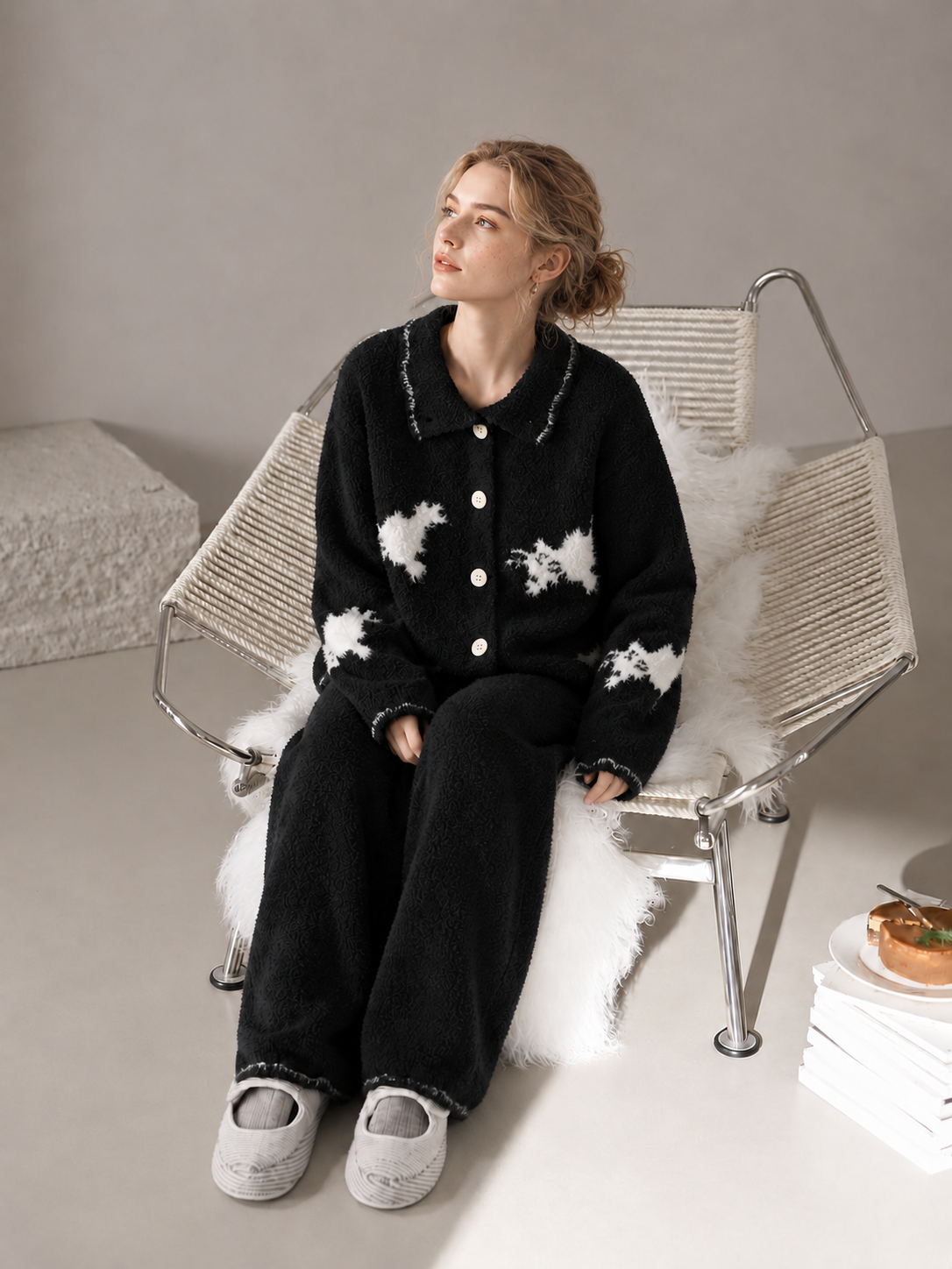 Women's Black Half Fleece Loungewear Set, Detail View, Collar Button Placket, Puppy Jacquard Pattern, Contrast Trimmed Cuffs & Hem, Side Pocket Detail