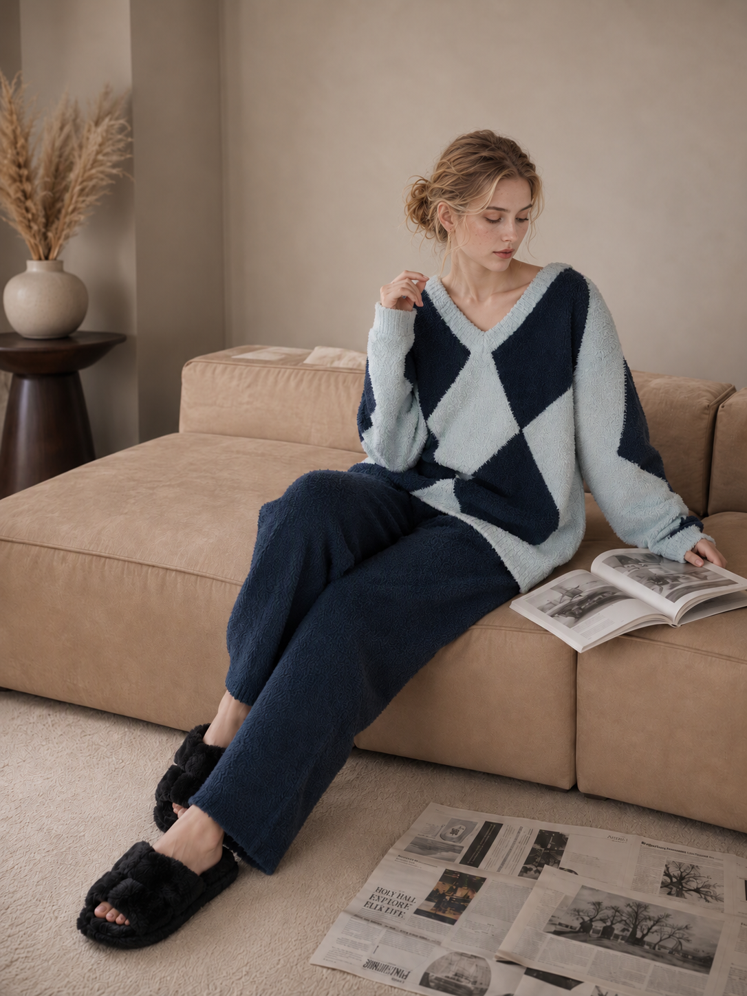 Women's Navy and Light Blue Half Fleece Loungewear Set Details: Ribbed V-Neckline, Argyle Jacquard Texture, Ribbed Cuffs, Elastic Waist Pants with Pockets, Ribbed Hem