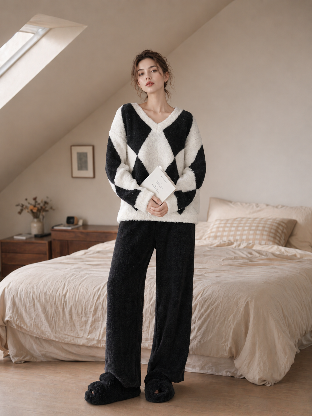 Women's Black and White Half Fleece Loungewear Set Flat Lay, V-Neck Argyle Jacquard Top, Elastic Waist Wide Leg Pants with Side Pockets, Ribbed Cuffs & Hem