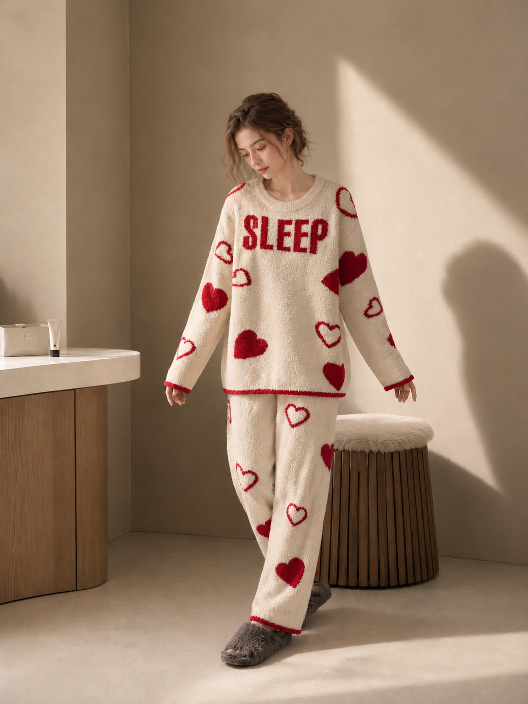 Women's Cream and Red Half Fleece Loungewear Set, Crew Neck Long Sleeve Pullover Top & Wide Leg Trousers, Heart Print Pattern, Contrast Ribbed Trim Detail