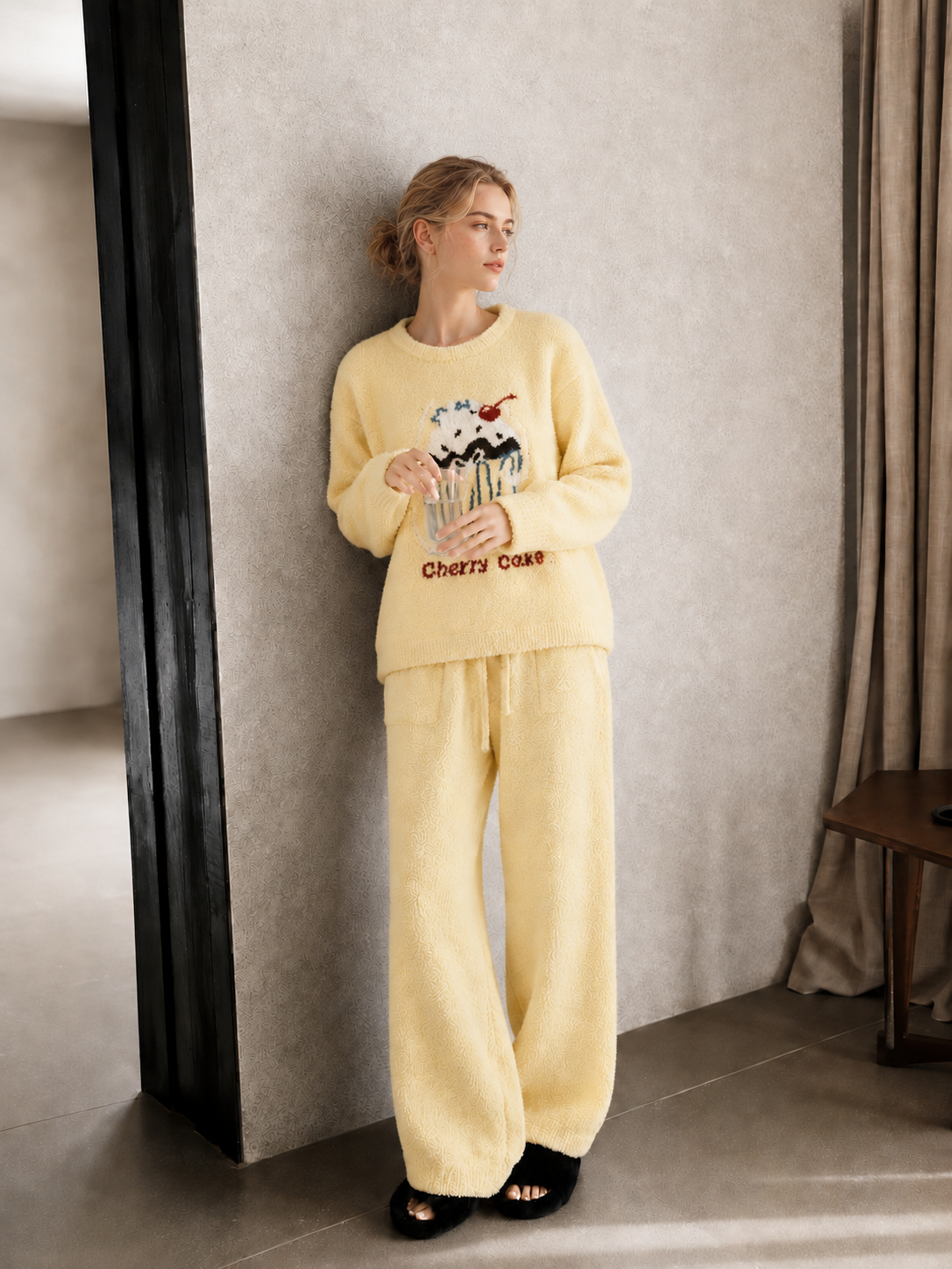 Women's Pale Yellow Half Fleece Loungewear Set Details: Ribbed Crew Neck, Cherry Cake Graphic, Ribbed Cuffs, Drawstring Waist Pants with Side Pockets