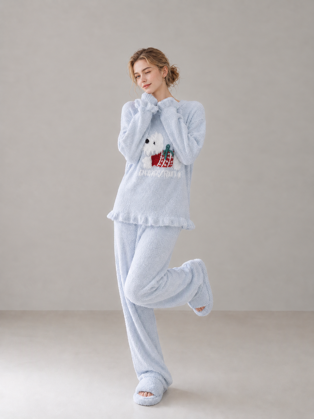 Women's Sky Blue and White Half Fleece Loungewear Set, Crew Neck Long Sleeve Top & Wide Leg Trousers, Puppy with Bow Jacquard, Letter Detail, Side Pocket Design