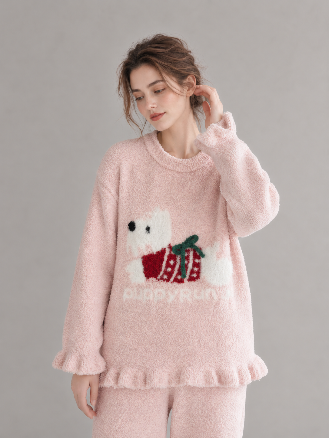Women's Blush Pink and White Half Fleece Loungewear Set, Crew Neck Long Sleeve Top & Wide Leg Trousers, Puppy with Bow Jacquard, Letter Detail, Side Pocket Design