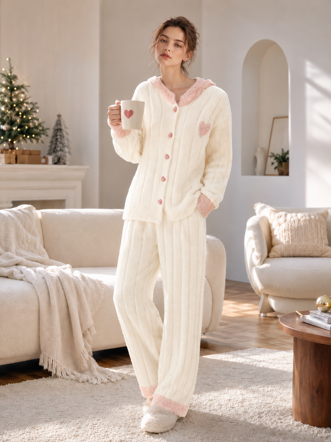 Women's Cream and Pink Half Fleece Loungewear Set, Bunny Ear Hooded Top & Wide Leg Trousers, Vertical Ribbed Knit, Furry Contrast Trim Detail, Elastic Waistband