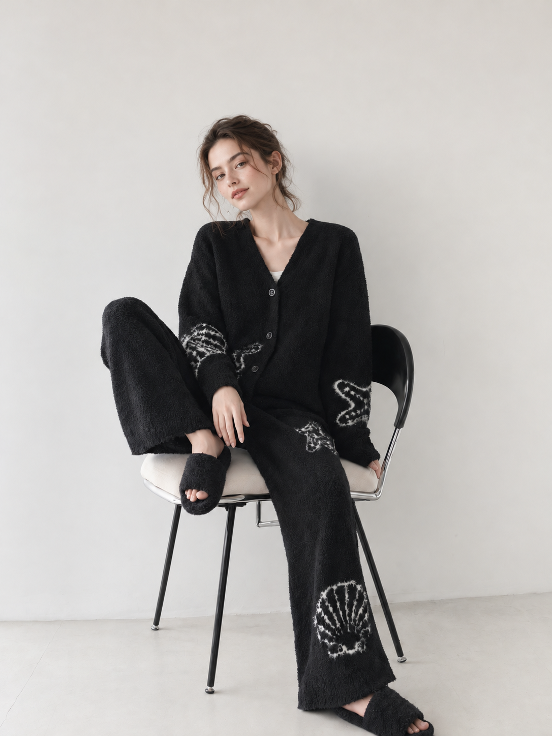 Women's Black Half Fleece Loungewear Set, V-neck Button Front Cardigan & Wide Leg Trousers, Starfish Seashell Pattern, Flat Lay View