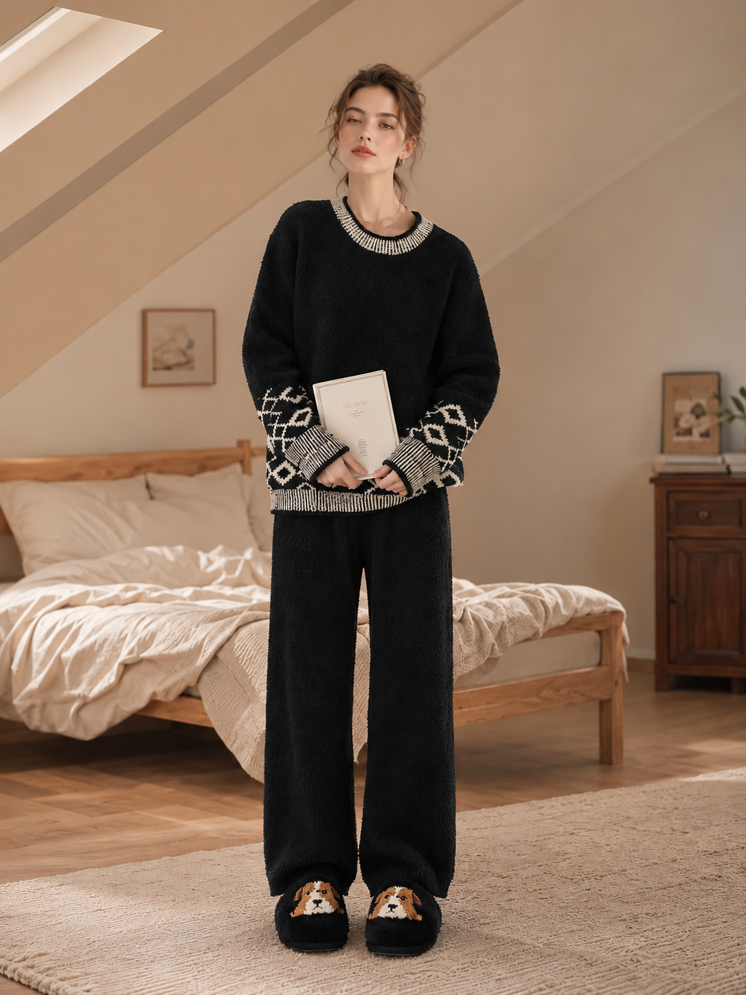 Women's Black Half Fleece Loungewear Set, Contrast Ribbed Trim Diamond Pattern Top & Side Pocket Pants, Multi Detail View
