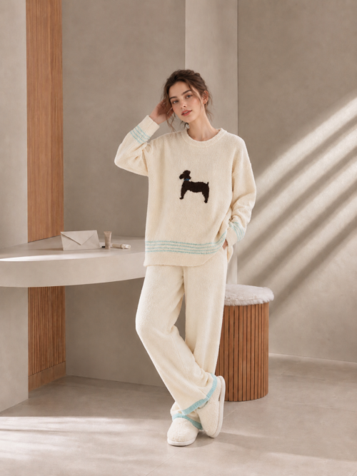 Women's Cream White Half Fleece Loungewear Set, Puppy Intarsia & Contrast Stripe Detail, Multi-part Close-up View