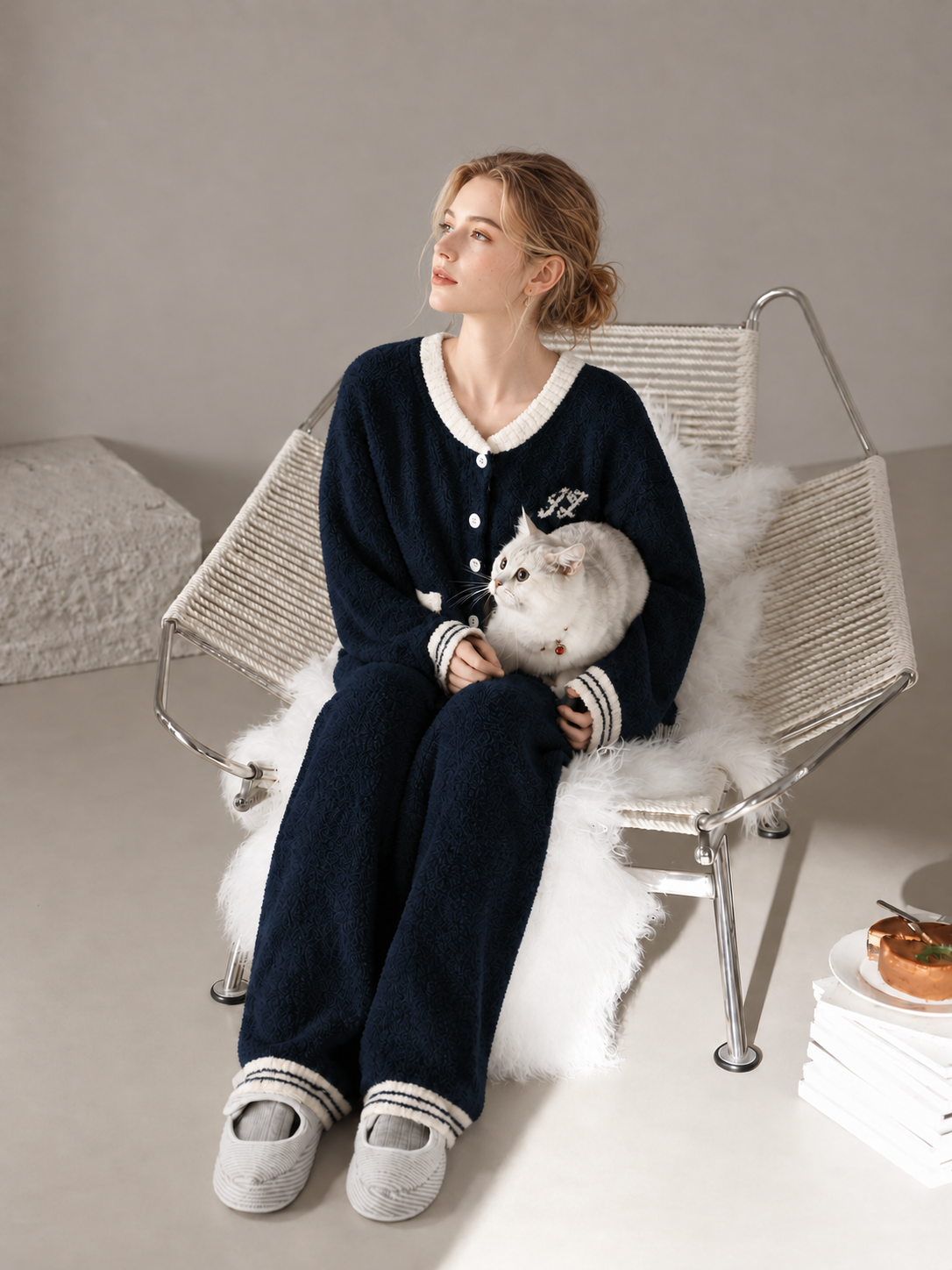 Navy Blue & Cream Half Fleece Loungewear Set Detail View, Contrast Ribbed Collar, Button Placket, Striped Cuffs, Trimmed Pockets, Elastic Waistband