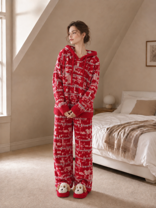 Women's Red and Light Gray Half Fleece Loungewear Set, Hooded Drawstring Long Sleeve Top & Wide Leg Trousers, Abstract Plaid Jacquard Pattern