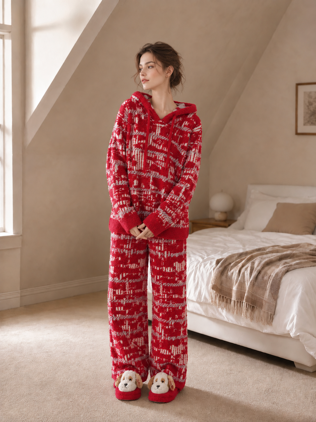 Women's Red and Light Gray Half Fleece Loungewear Set, Hooded Drawstring Long Sleeve Top & Wide Leg Trousers, Abstract Plaid Jacquard Pattern