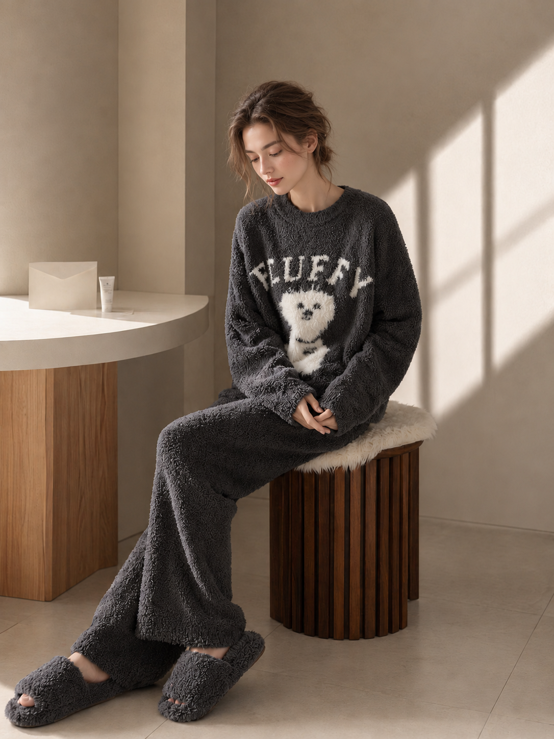 Women's Charcoal Gray Half Fleece Loungewear Set, Crew Neck Long Sleeve Top & Wide Leg Pants, White Puppy with "FLUFFY" Letter Jacquard Design
