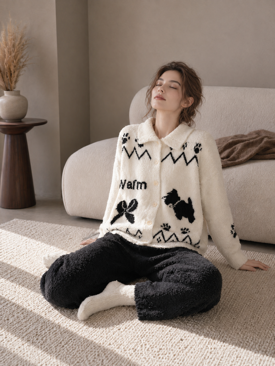 Women's Cream & Black Half Fleece Sleepwear Set Multi-Detail View, Collar Button Placket, Puppy Paw Jacquard Motif, Ribbed Cuff and Hem Craft