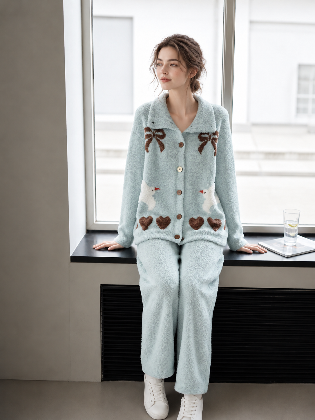 Women's Light Blue Half Fleece Sleepwear Set Multi-Detail View, Collar Button Placket, Bow Dove Heart Jacquard Motif, Ribbed Cuff and Waistband Craft Women's Light Blue Half Fleece Loungewear Set, Pajama Collar Button-Fron