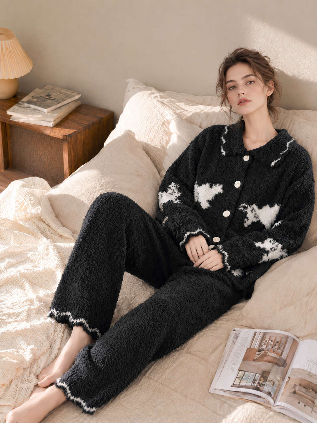 Women's Black Half Fleece Loungewear Set, Scalloped Collar Button Long Sleeve Top & Wide Leg Pants, Puppy Motif Jacquard Pattern