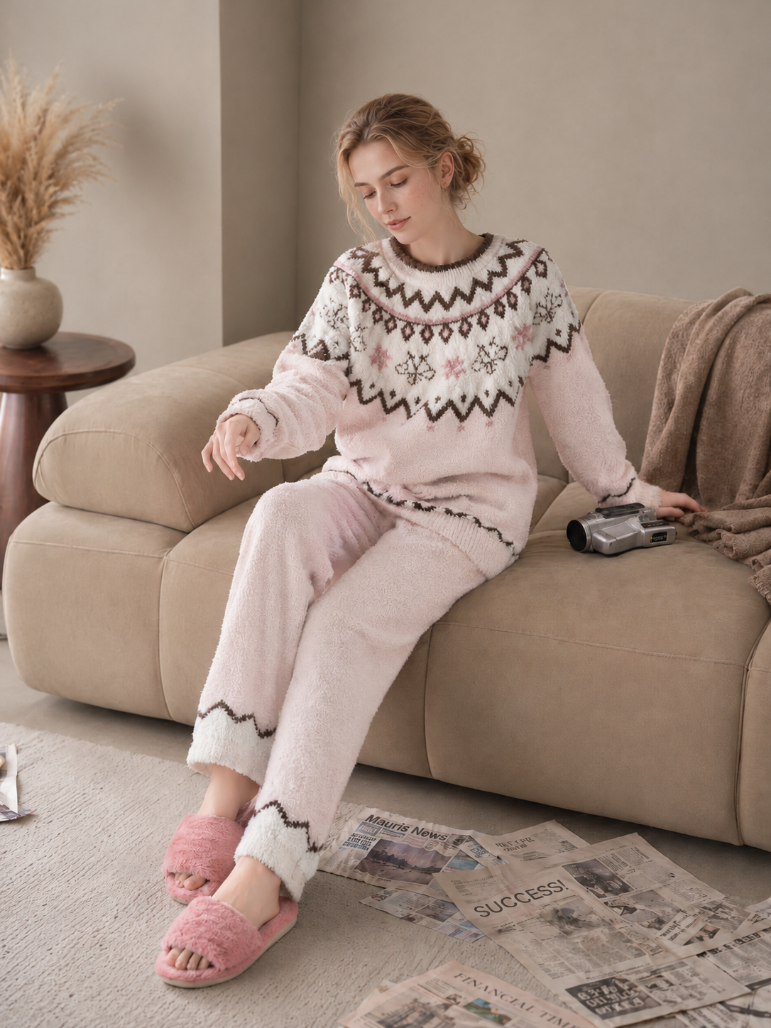 Women's Pink & Cream Half Fleece Pajama Set Flat Lay, Crew Neck Fair Isle Jacquard Top & Pocketed Wide Leg Pants, Zigzag Trim Craft