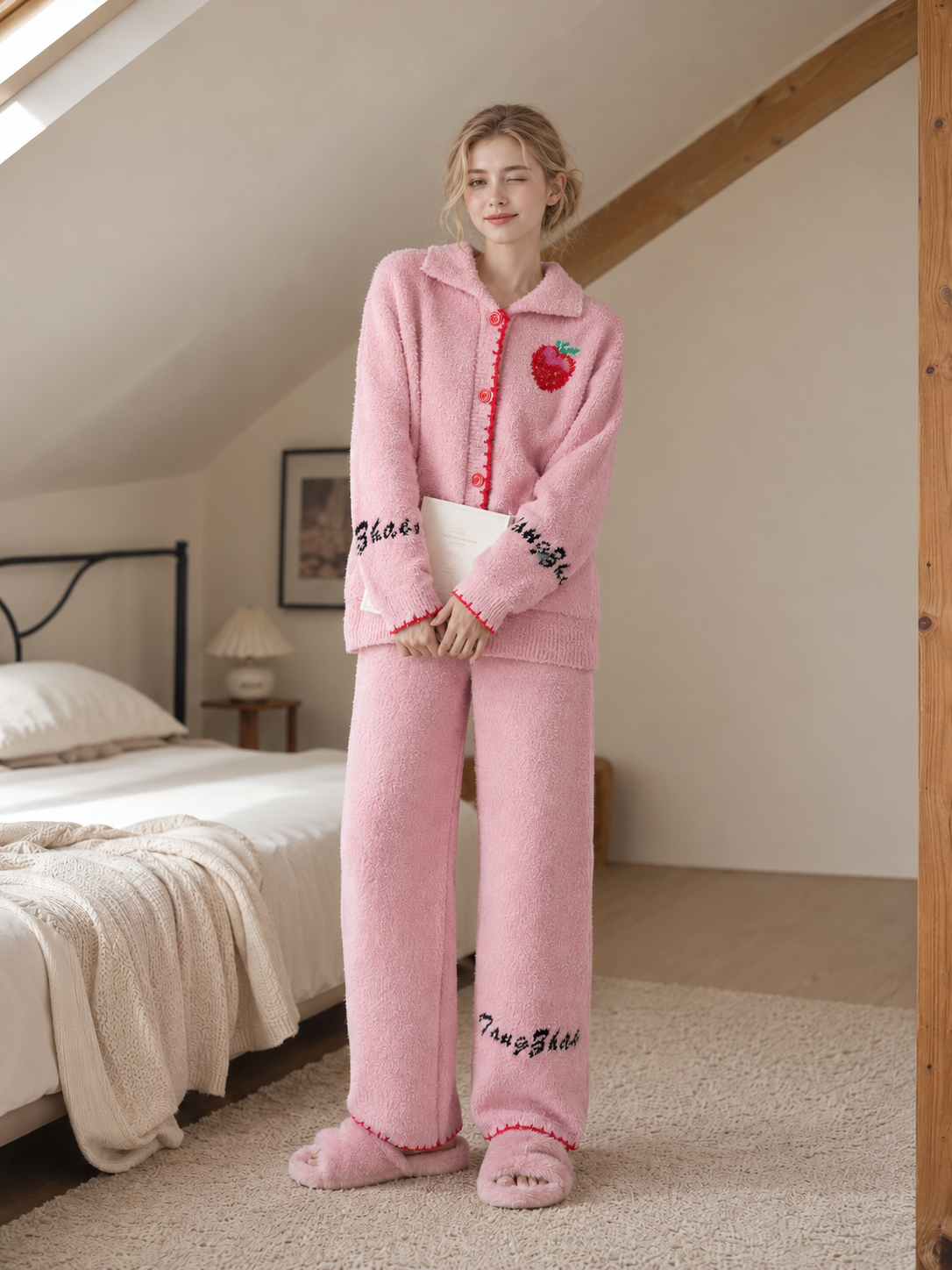 Women's Pink Half Fleece Loungewear Set, Shirt Collar Full Placket Long Sleeve Top & Elastic Waist Wide Leg Trousers, Strawberry Embroidery, Shell Edge Trim & Patch Pocket Detail