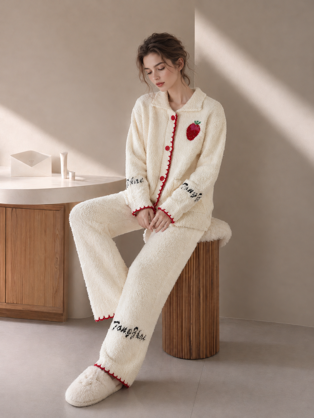 Women's Cream Half Fleece Loungewear Set, Lapel Collar Full Placket Long Sleeve Top & Elastic Waist Wide Leg Trousers, Strawberry & Letter Embroidery, Shell Edge Trim & Pocket Detail