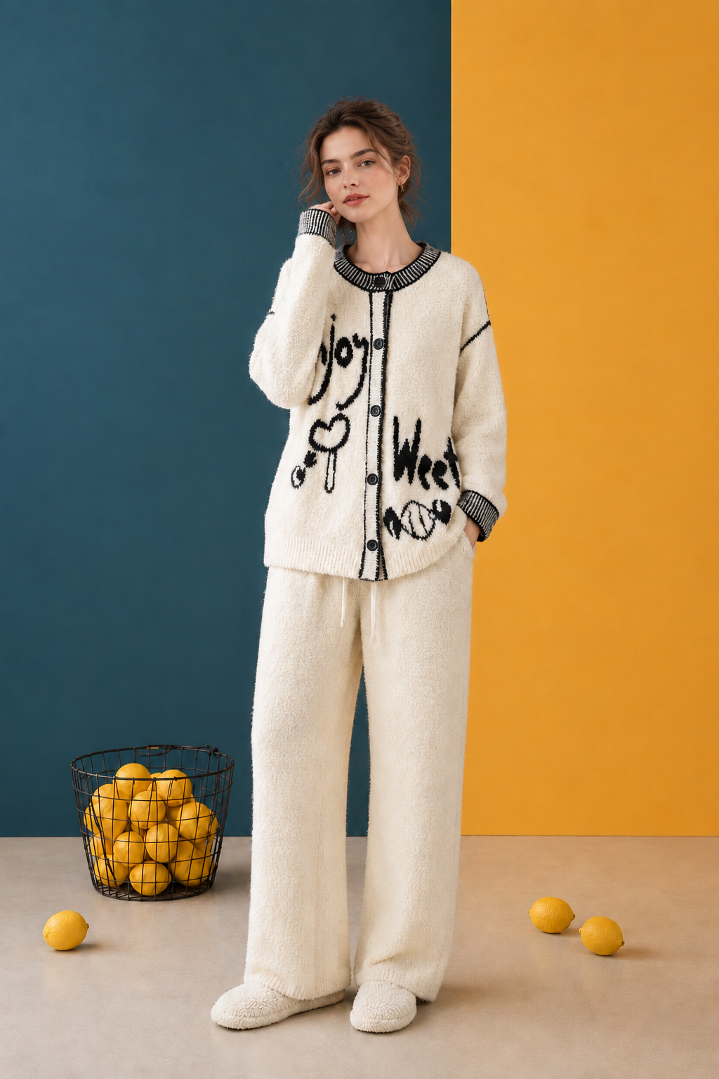 Off-White Half Fleece Loungewear Set Detail View, Ribbed Contrast Collar, Graffiti Jacquard Pattern, Ribbed Cuffs, Drawstring Waistband with Side Pockets