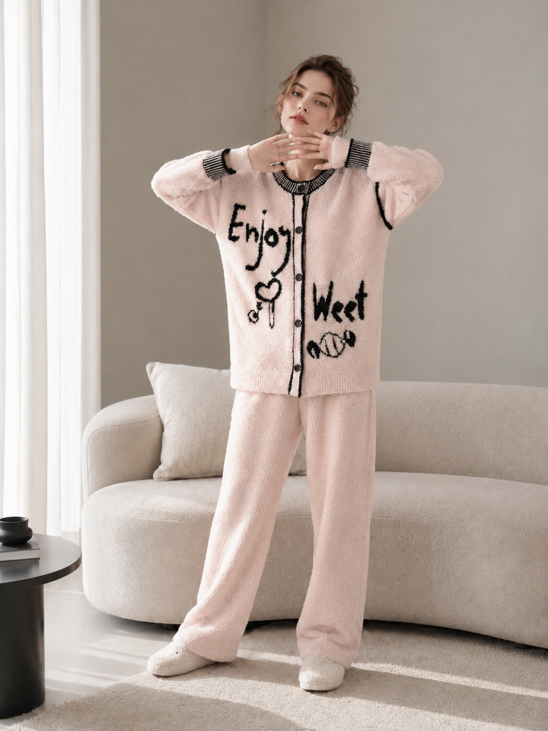 Light Pink Half Fleece Loungewear Set, Crew Neck Long Sleeve Button Top & Drawstring Pants, Graffiti Pattern with Black Contrast Trim