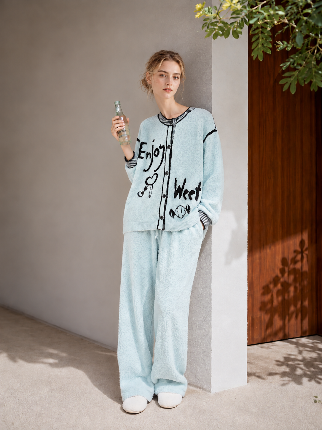 Light Blue Half Fleece Pajama Set, Crew Neck Long Sleeve Button Top & Drawstring Pants, Black Graffiti Pattern with Contrast Ribbed Details