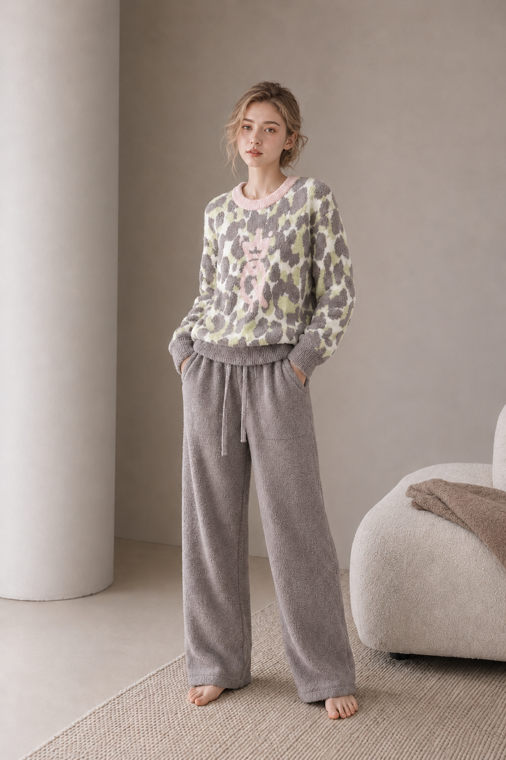 Women's Grey Green Leopard Half Fleece Loungewear Set Details, Pink Ribbed Collar, Flocked Crown Print, Cuffed Sleeves, Solid Grey Wide Leg Trousers
