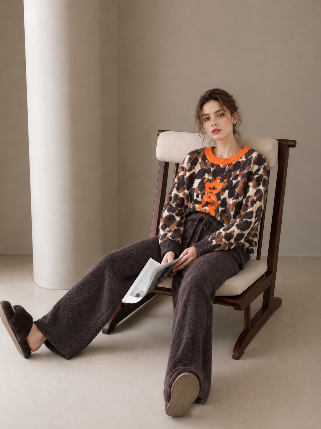 Leopard Print Half Fleece Pajama Set, Orange Trim Crew Neck Top with Crown Jacquard, Dark Brown Drawstring Long Pants with Side Pockets