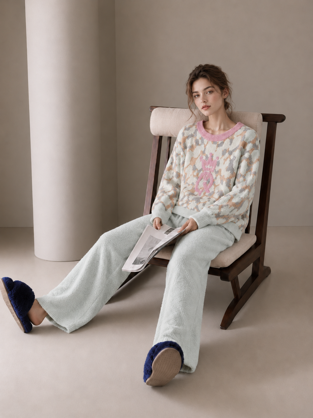 Women's Light Mint Leopard Half Fleece Loungewear Set, Pink Ribbed Crew Neck Top & Solid Mint Drawstring Pants, Leopard Pattern, Side Pockets