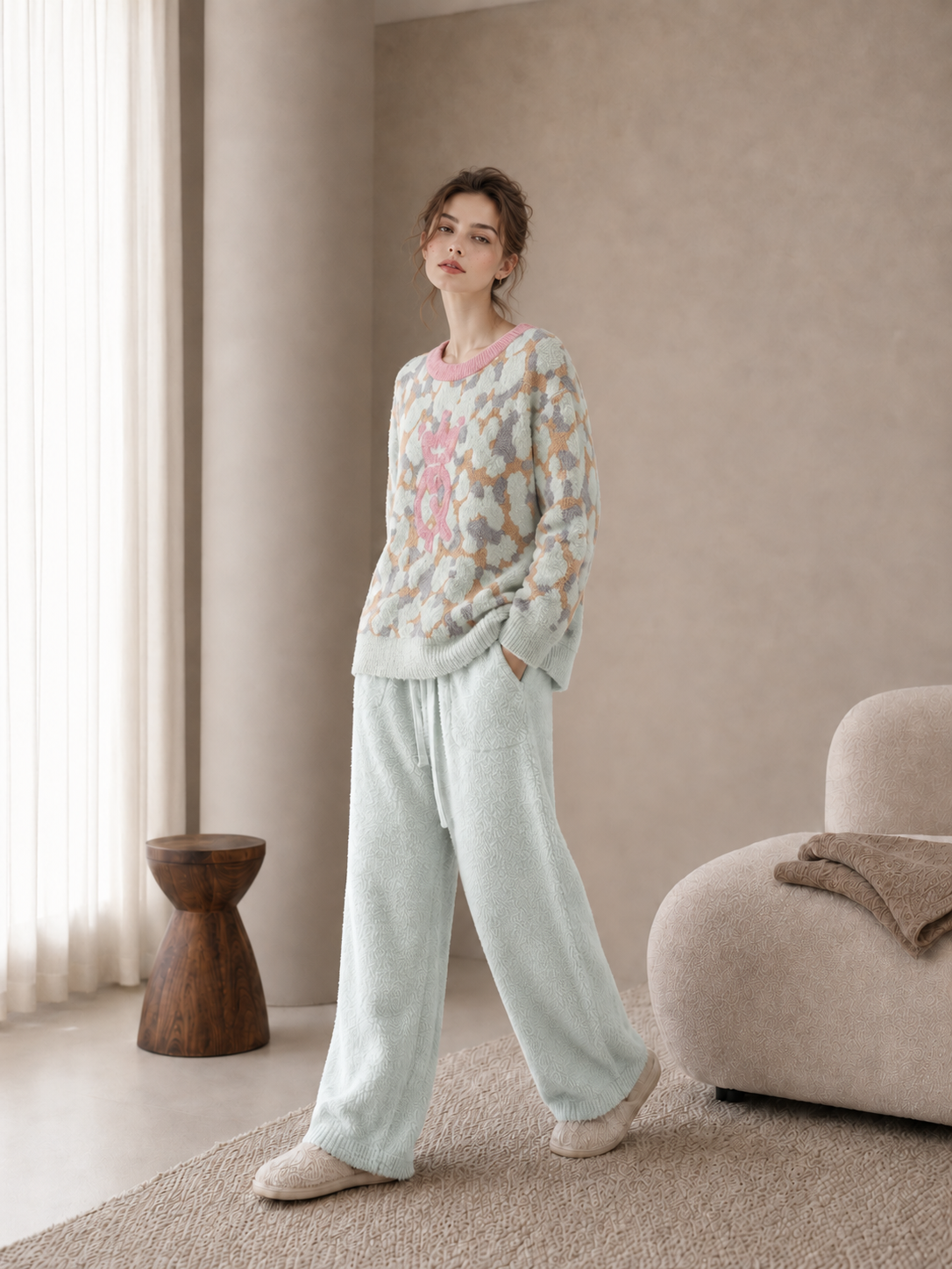 Women's Light Mint Leopard Half Fleece Pajama Set, Pink Ribbed Crew Neck Long Sleeve Top & Drawstring Wide Leg Trousers, Irregular Leopard Pattern, Textured Fleece Fabric