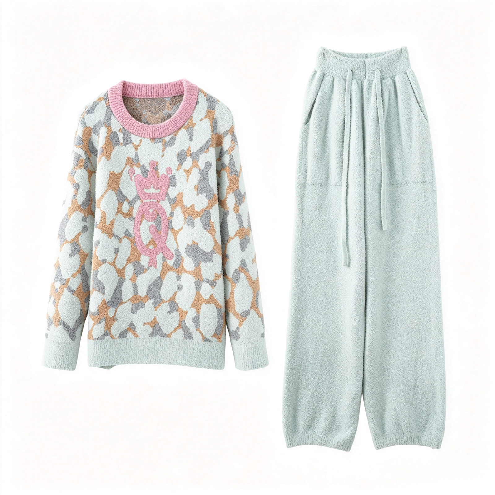 Women's Light Mint Leopard Half Fleece Loungewear Set, Pink Crew Neck Long Sleeve Top & Drawstring Wide Leg Pants, Chest Crown Graphic, Side Pocket Detail