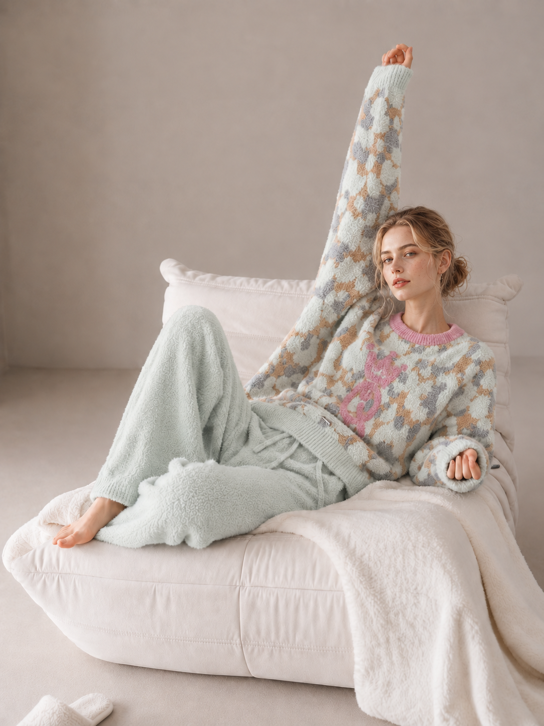 Women's Light Mint Leopard Half Fleece Sleepwear Set, Full Set Flat Lay, Pink Ribbed Crew Neck Top & Solid Mint Drawstring Pants, Leopard Print, Crown Graphic