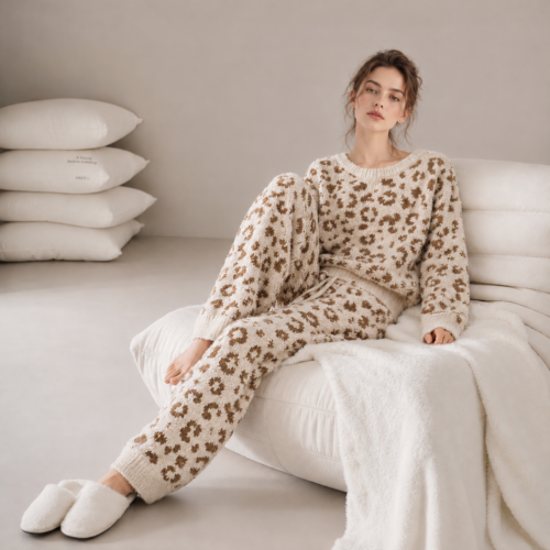 Women's Ivory and Brown Half Fleece Sleepwear Set, Crew Neck Pullover Top & Drawstring Waist Wide Leg Pants, Leopard Jacquard Pattern, Soft Half Fleece Fabric
