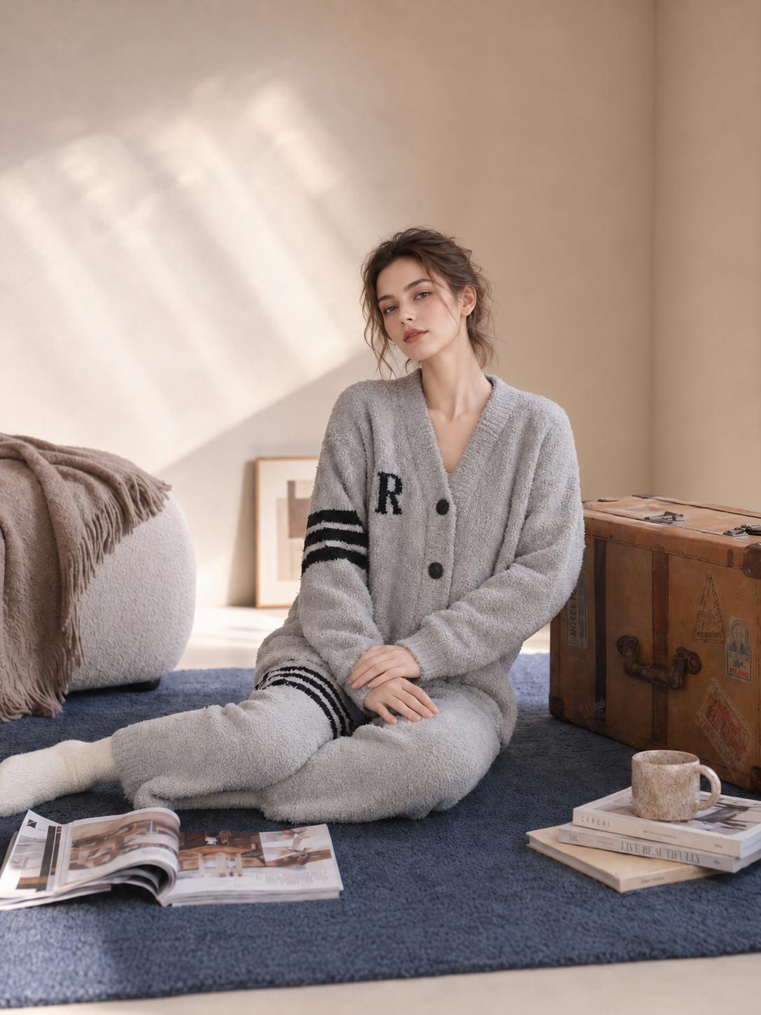 R Letter Varsity Stripe V-Neck Half Fleece Pajama Set Women's Heather Grey Warm Winter Loungewear - Image 8