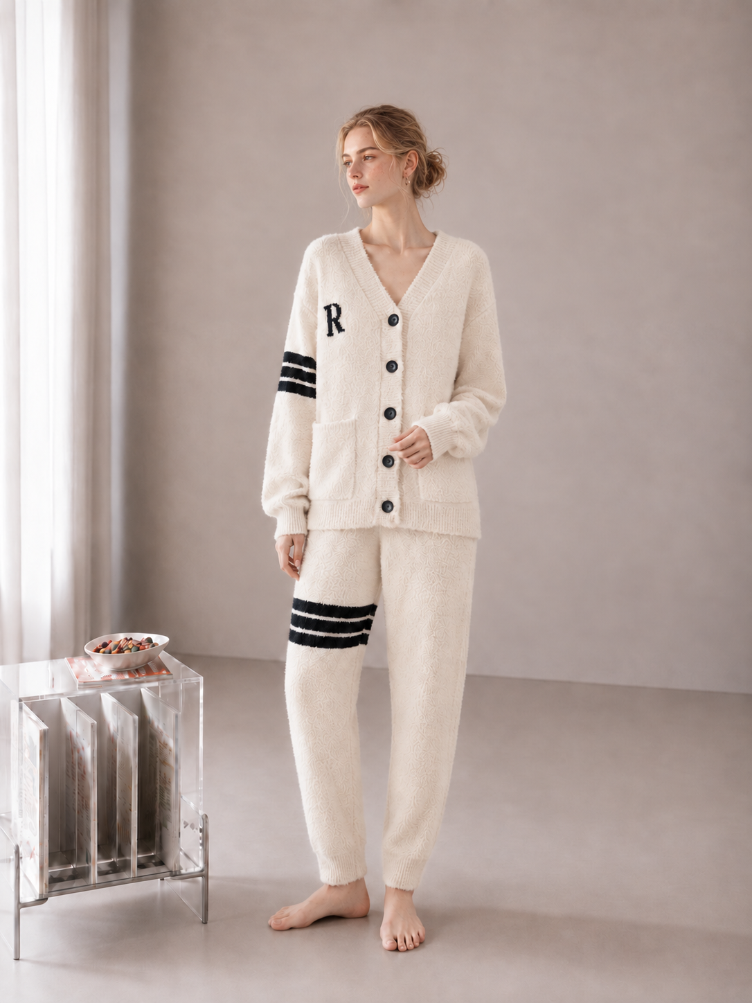 R Letter Varsity Stripe V-Neck Half Fleece Pajama Set Women's Heather Grey Warm Winter Loungewear - Image 23