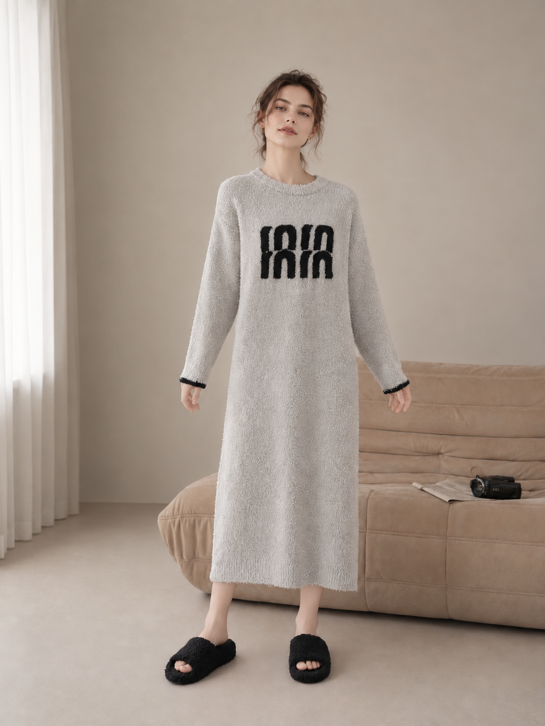 3D Letter Embroidery Crew Neck Half Fleece Nightgown Women's Beige Contrast Cuff Warm Winter Sleep Dress - Image 9