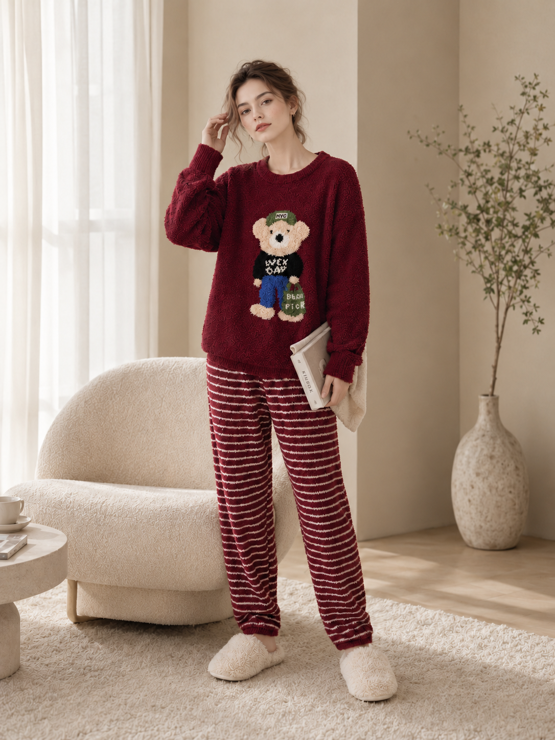 Teddy Bear Print Crew Neck Half Fleece Pajama Set Women's Red Striped Jogger Pants Warm Winter Loungewear - Image 16