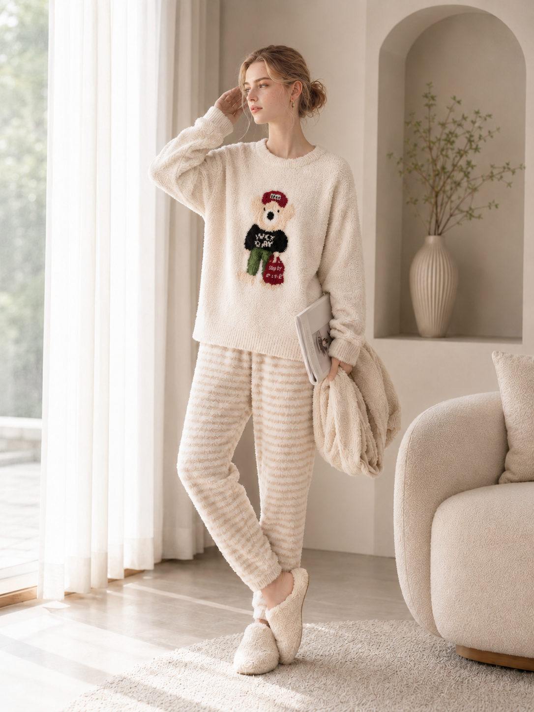 Teddy Bear Print Crew Neck Half Fleece Pajama Set Women's Red Striped Jogger Pants Warm Winter Loungewear - Image 7