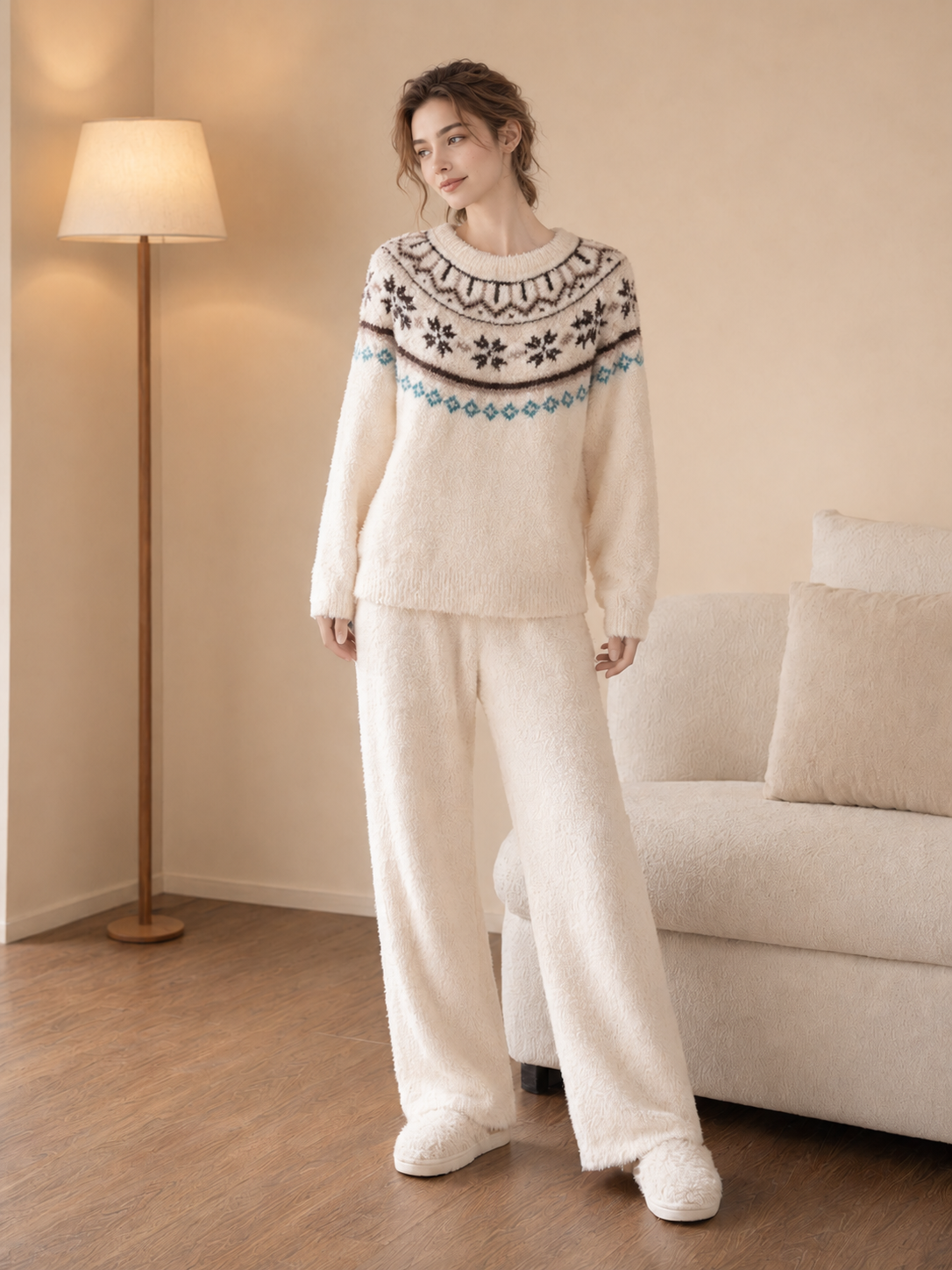 Cream Fair Isle Yoke Crew Neck Half Fleece Pajama Set Women's Vintage Winter Loungewear - 이미지 7
