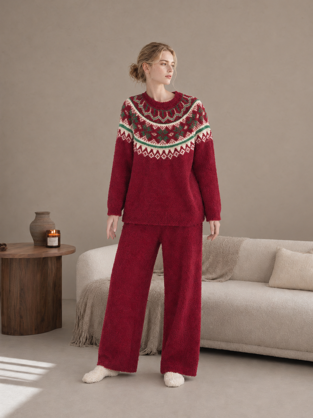 Cream Fair Isle Yoke Crew Neck Half Fleece Pajama Set Women's Vintage Winter Loungewear - 이미지 21