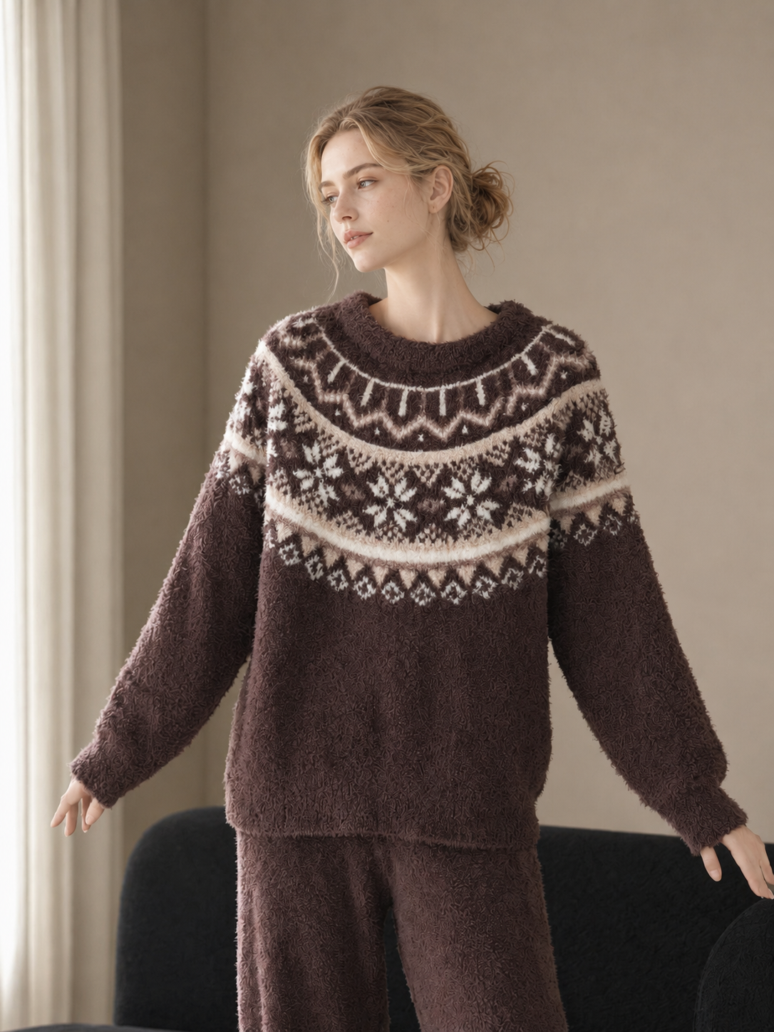 Cream Fair Isle Yoke Crew Neck Half Fleece Pajama Set Women's Vintage Winter Loungewear - 이미지 16