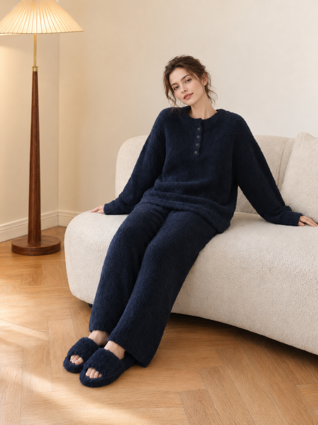 Oatmeal Henley Half Fleece Pajama Set Men's Warm Winter Loungewear with Pockets - Image 6