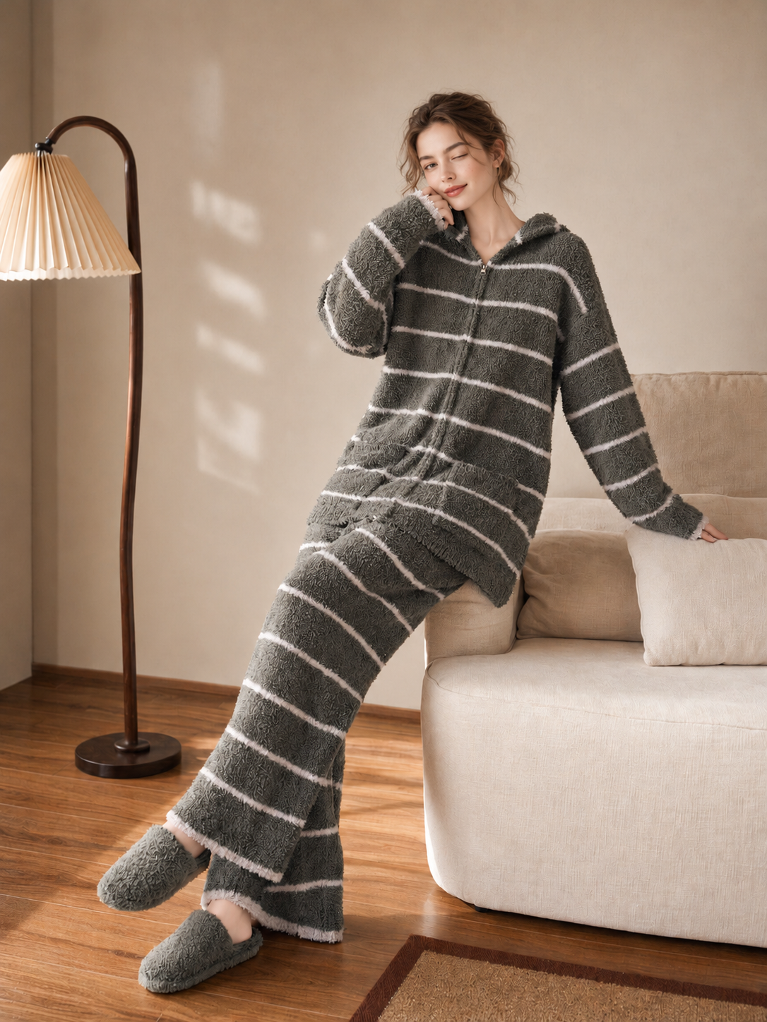 Green White Striped Zip Up Hooded Half Fleece Pajama Set Women's Warm Winter Loungewear with Pockets - Image 18